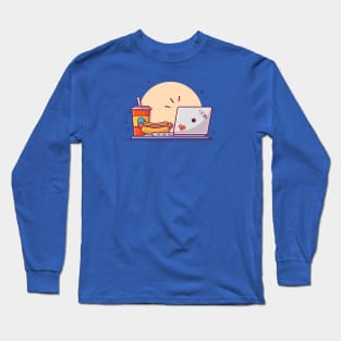 Tasty Hotdog with Mustard, Soda and Online Laptop Cartoon Vector Icon Illustration Long Sleeve T-Shirt